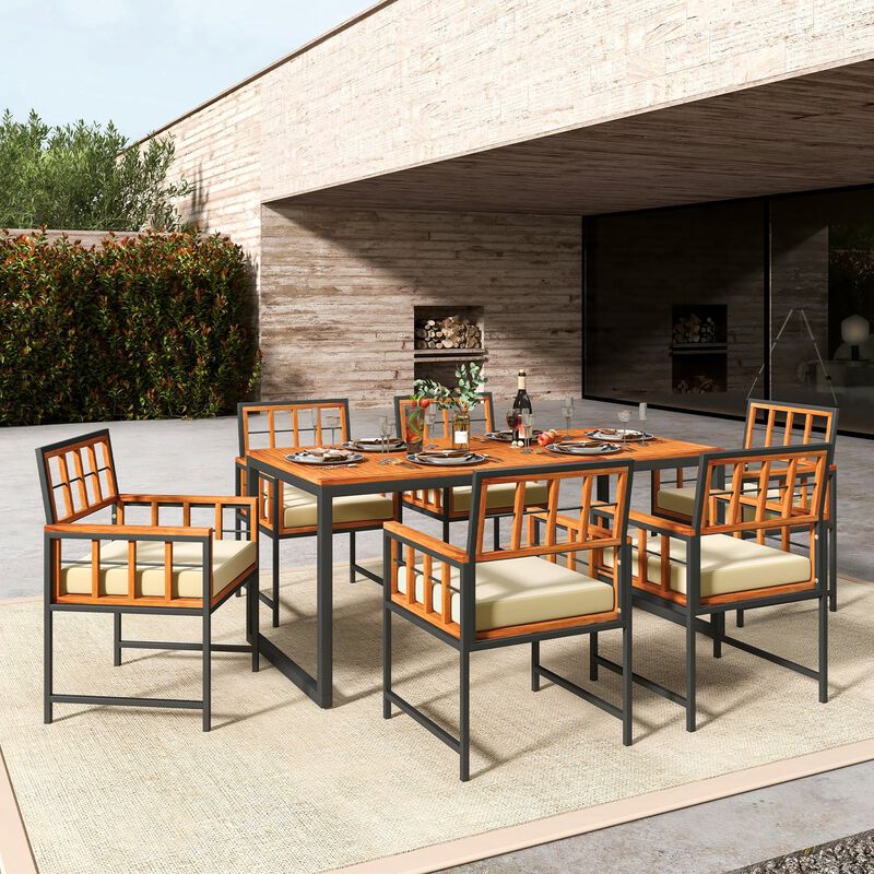 Mondawe 7-Piece Outdoor Dining Set,6 Armchairs With Removable Cushions & A Table With Umbrella Hole
