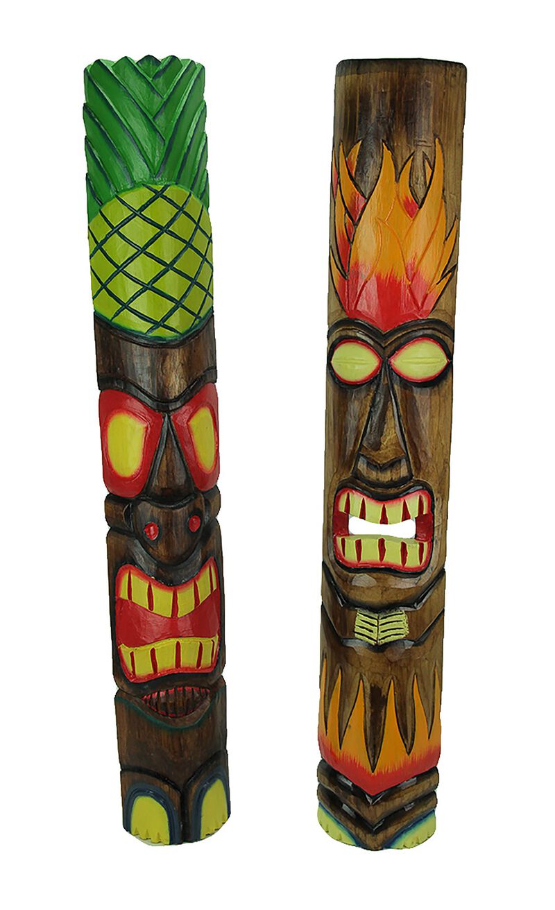39 inch Tall Hand Crafted Wooden Tiki Totem Wall Mask Set of 2 image number 0