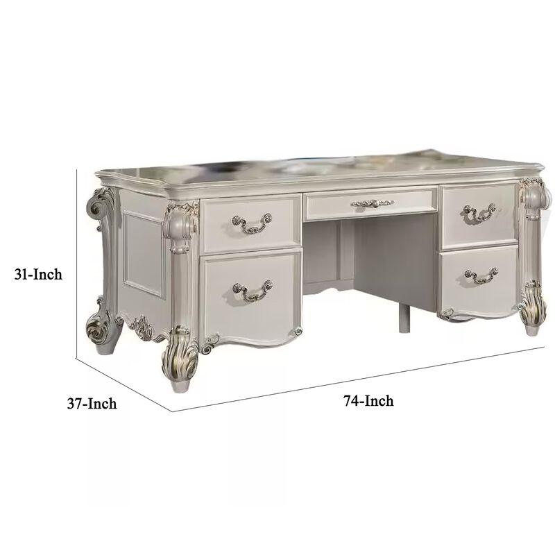 Antoine Home Office Desk, 5 Drawer, Pearl White Wood Gold, 74 Inch - Benzara