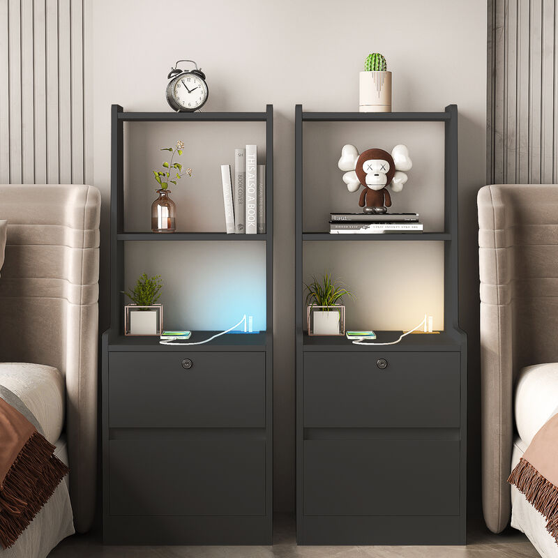 Mondawe Modern Nightstand, Smart Nightstand With Nightlight And Rechargeable Bedroom Storage