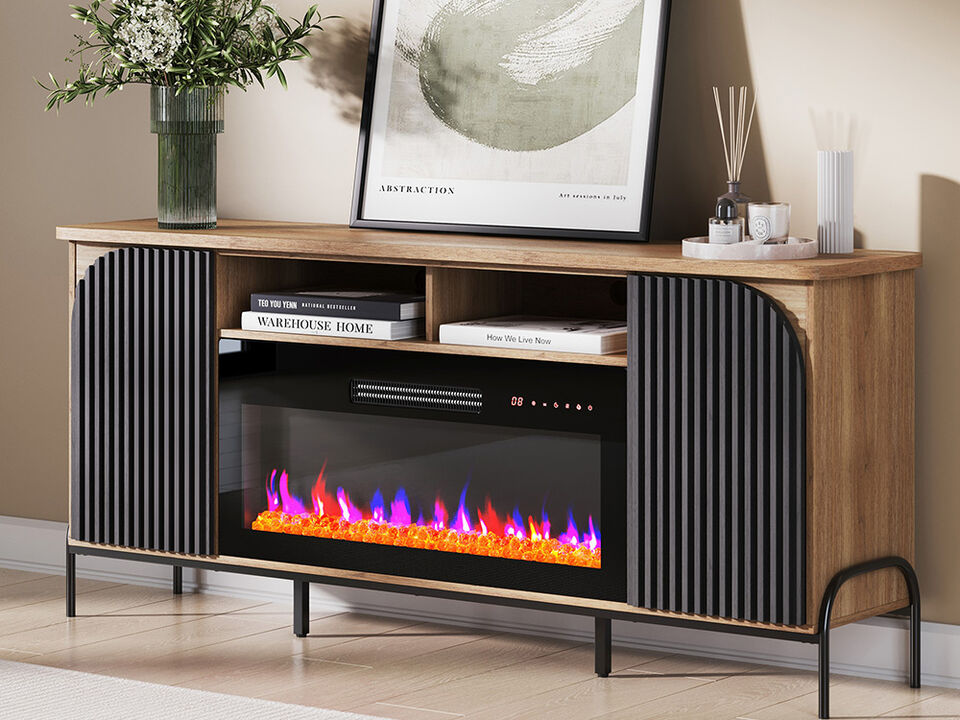BELLEZE 68 Inch Fluted TV Stands with 36" Electric Fireplace, Modern Fluted Entertainment Center with Open Storage Shelves& Cabinets, Media Console TV Cabinet For Living Room Bedroom (Camel)