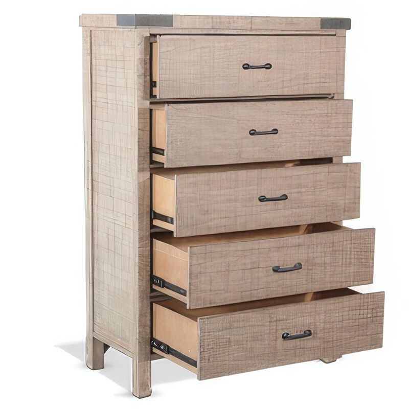 Desy Tall Dresser Chest with 5 Drawers, Light Brown Mahogany Wood - Benzara