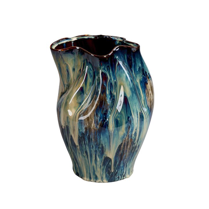 Fera Decorative Flower Vase, Ruffled Edge, 12 Inch Shiny Blue Ceramic