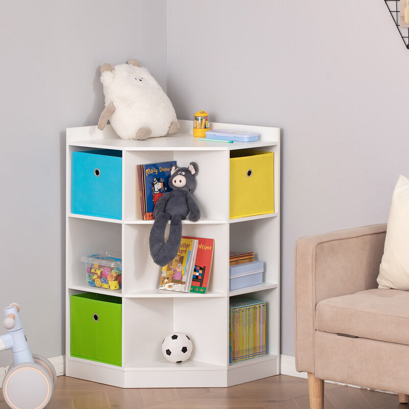 Space-Efficient Kids Storage Organizer for Small Bedrooms, Corner Shelf, Natural