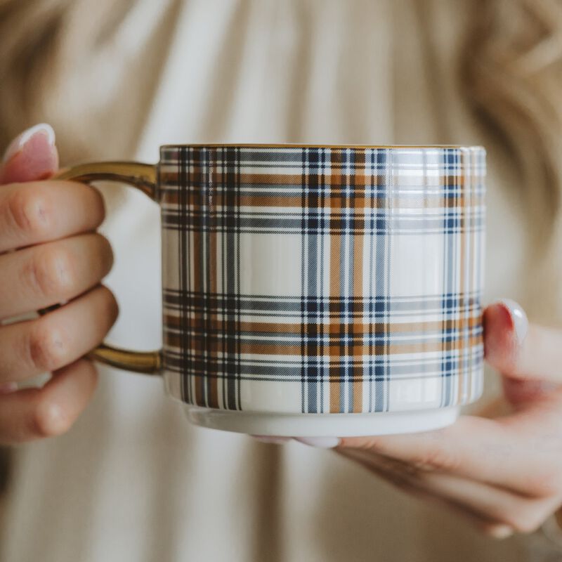 Orange Navy Plaid 14 oz Gold Handle Coffee Mug image number 4