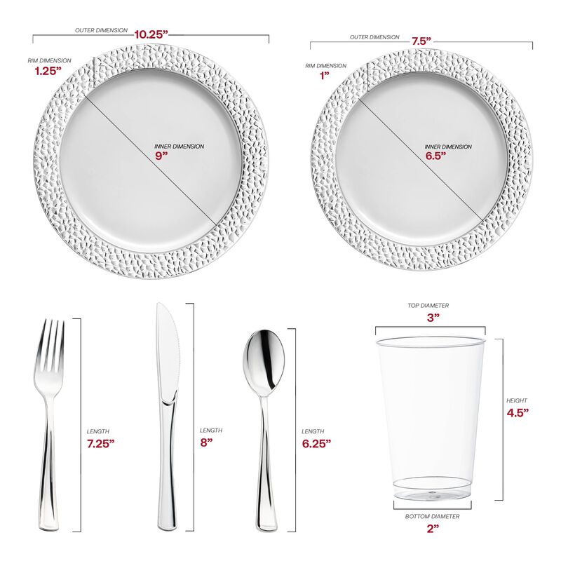 White with Silver Hammered Rim Round Plastic Wedding Value Set (30 Sets) image number 2
