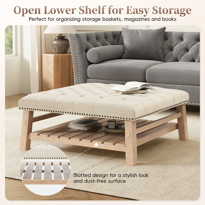 Merax Tufted Ottoman Coffee Table with Nailhead Trim & Storage Shelf &ndash; Solid Wood Legs image number 7