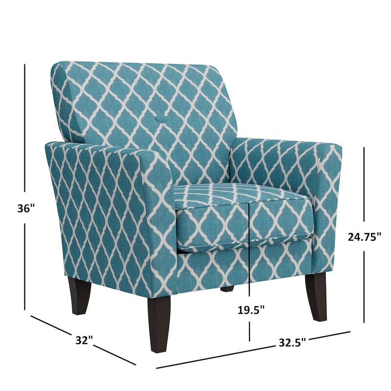 HL Home Furnishings Alex Transitional Flared Arm Armchair in Turquoise Trellis