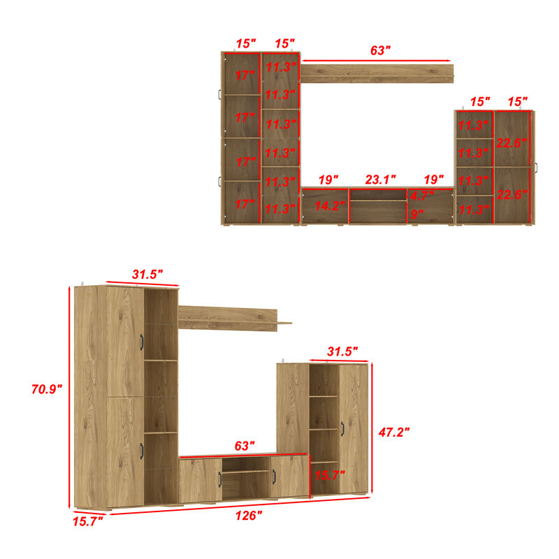 FUFU&GAGA Entertainment Wall Unit with TV Console, Floating Shelf, Glass Doors, Natural Wood Finish (126"W x 70.9"H x 15.7"D),Brown