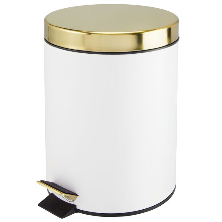 mDesign Small 1.3 Gal Round Metal Step Trash Can, Liner/Handle, White/Soft Brass