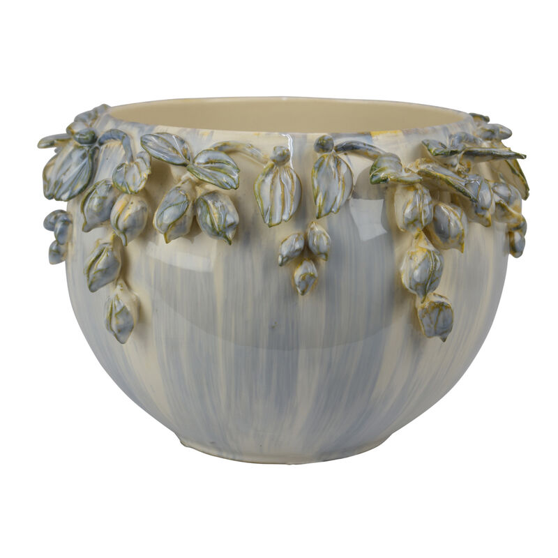 Decorative Bowl Planter, White Ceramic with Floral Garland Rim, 12 Inch image number 2