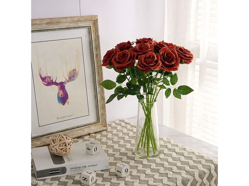 10 Piece Orange Artificial Rose Flower Stems Wedding Centerpiece Decor image number 1