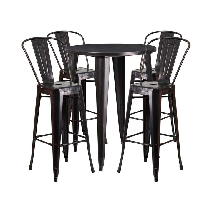 Flash Furniture Callum Commercial Grade 30" Round Black-Antique Gold Metal Indoor-Outdoor Bar Table Set with 4 Cafe Stools
