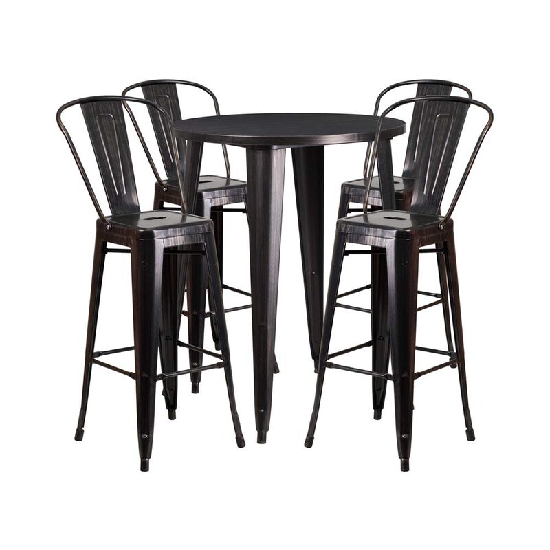 Flash Furniture Callum Commercial Grade 30" Round Black-Antique Gold Metal Indoor-Outdoor Bar Table Set with 4 Cafe Stools