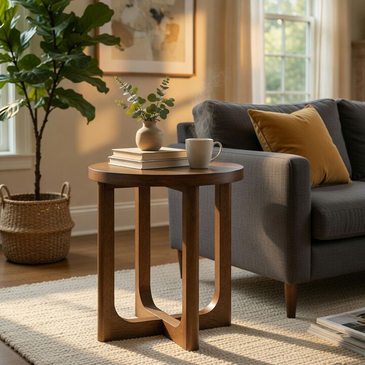Bly Side End Table, Round Top, X base, Transitional Light Brown 20 Inch