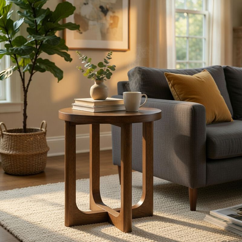 Bly Side End Table, Round Top, X base, Transitional Light Brown 20 Inch image number 1