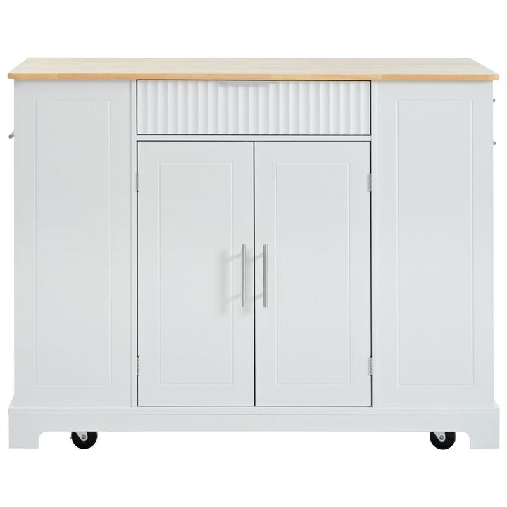 ELEMENT ACE Fluted Kitchen Island with Trash Can Storage Cabinet, Power Outlet, Adjustable Shelves and Mobile Design