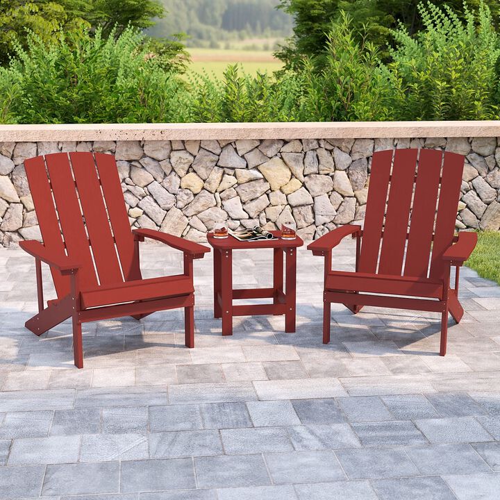 Flash Furniture Charlestown Commercial 2 Chair and Side Table Adirondack Set - Red Poly Resin - Weather Resistant