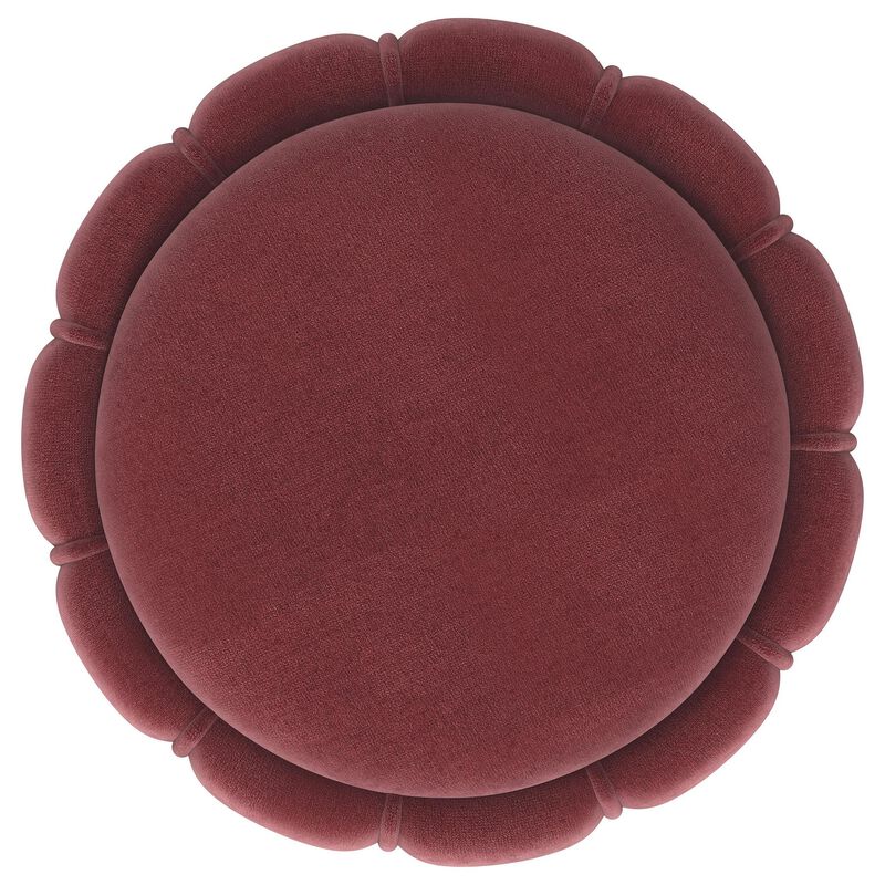 Soraya Ottoman, Tufted Red Wine Fabric, Round 17 Inch, Gold Metal Band - Benzara