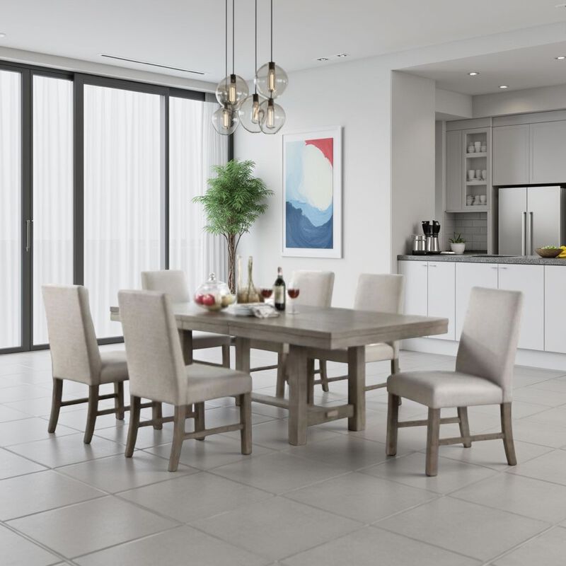 Genu 7pc Dining Table and Chair Set, 66-84 Extendable Top, Gray Fabric - Benzara