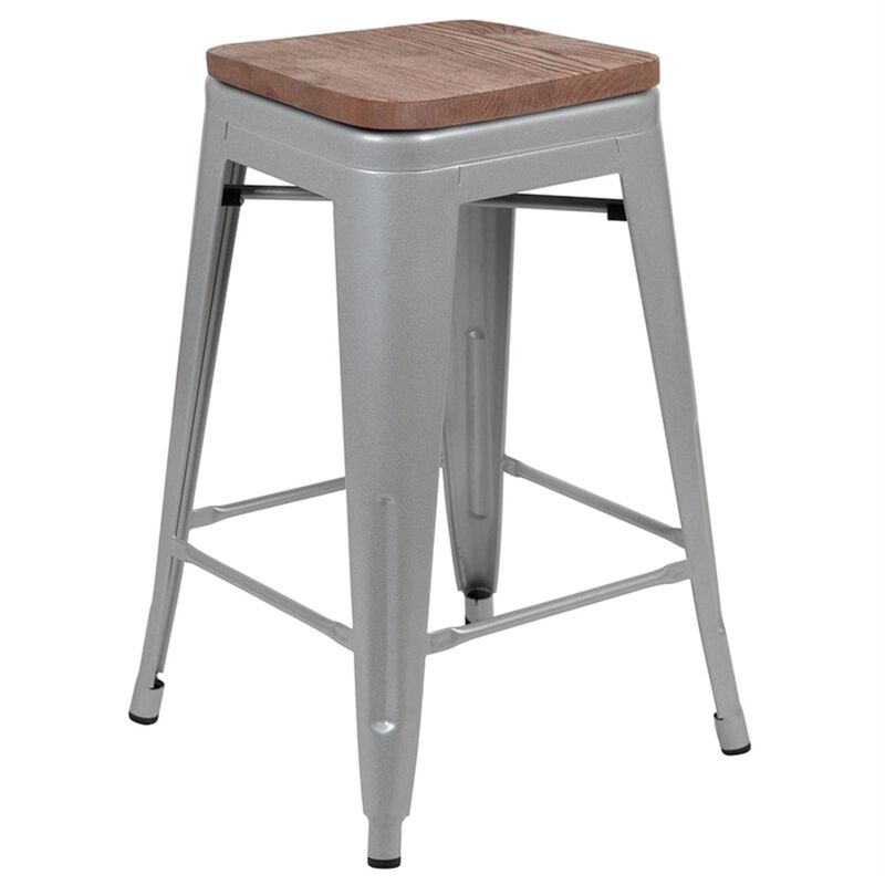 Flash Furniture 24" High Metal Counter-Height, Indoor Bar Stool with Wood Seat in Silver - Stackable Set of 4