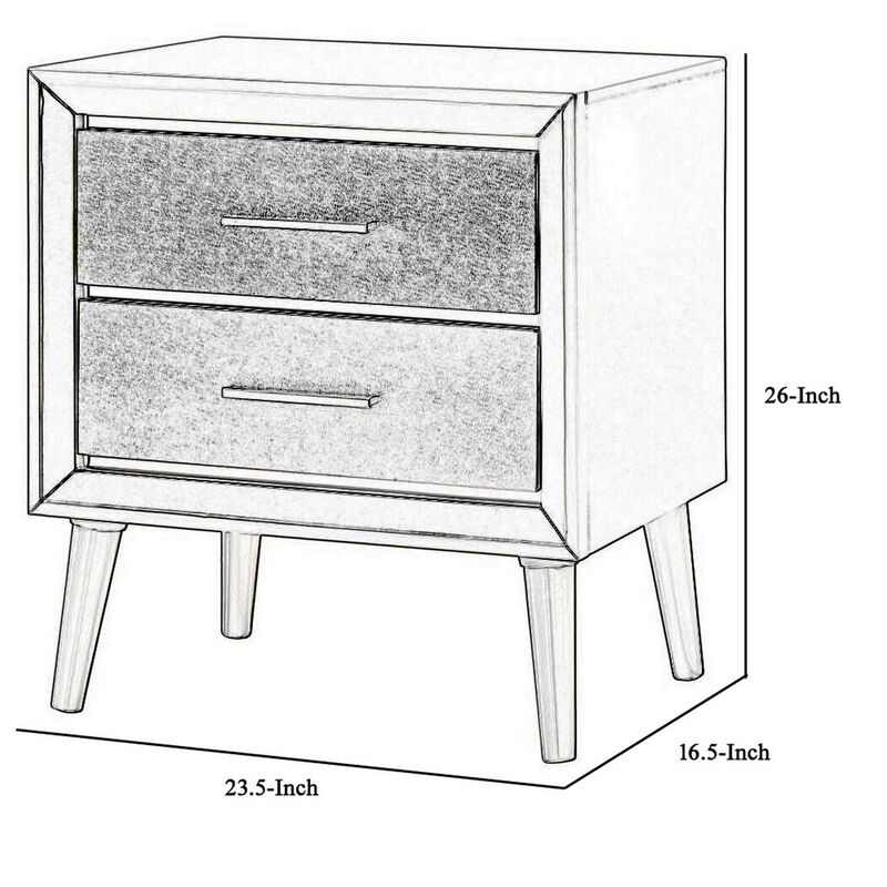 2 Drawer Contemporary Nightstand with Bar Handles and Splayed Legs, Silver-Benzara