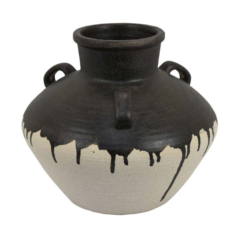 Caleb Accent Vase with Drip Pattern, Angled Handles Black Gray Ceramic