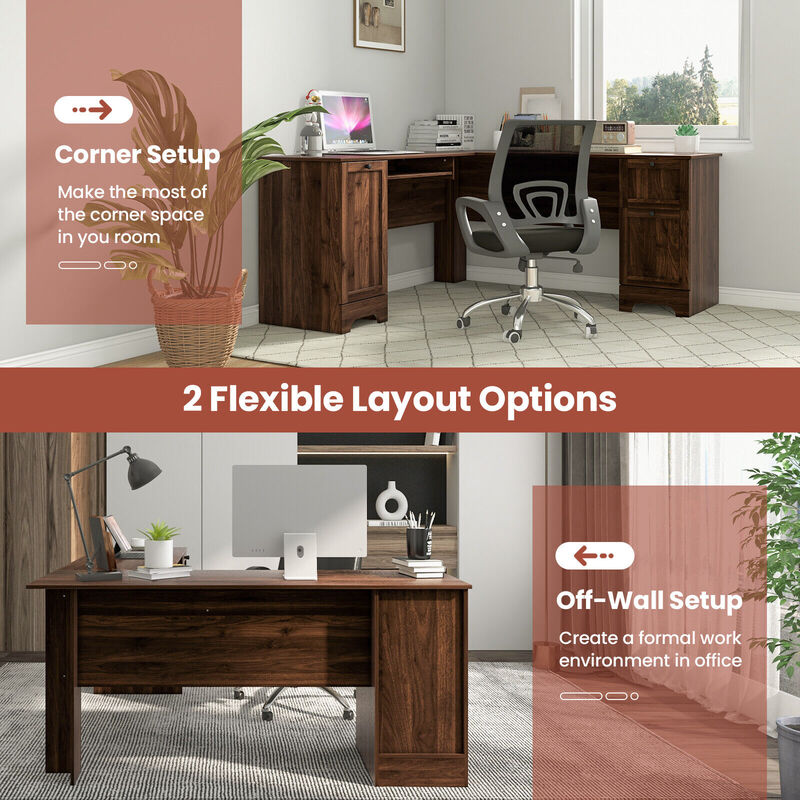 L-Shaped Office Desk with Storage Drawers and Keyboard Tray-Walnut