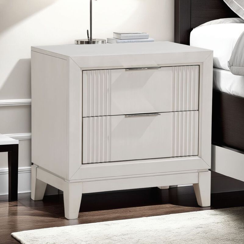 Flo Nightstand, 2 Drawers, Antique White Wood, Chrome Edge Handles - Benzara