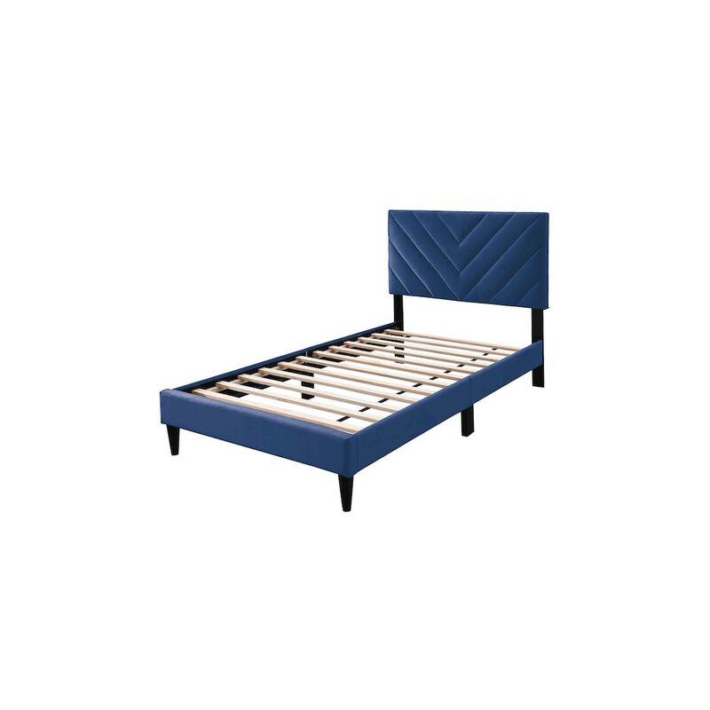 Poundex Adjustable V-Stitch Headboard Twin Bed Frame in Navy Blue Velvet
