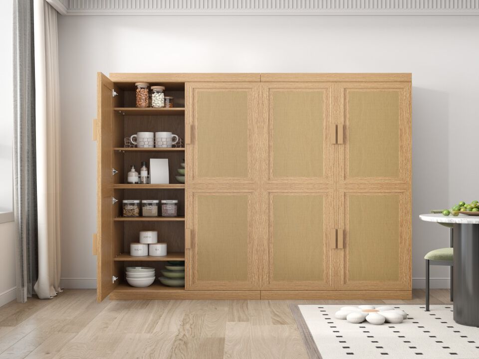 62" High Wicker Door Wood Grain Decorative Storage Cabinet with 12 Shelves