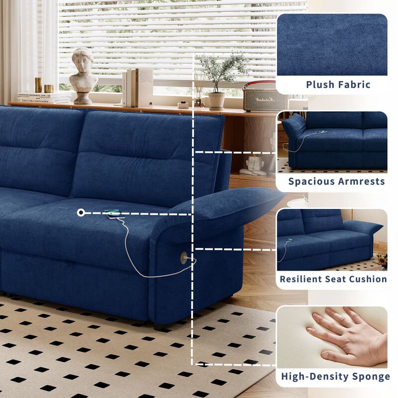Convertible sleeper sofa bed, Plush fabric pull out futon with USB charging ports, 85 inch sofa bed for small spaces image number 8