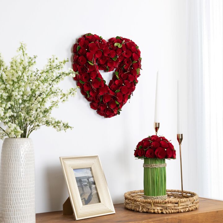 Wooden Roses Floral Artificial Valentine's Day Heart Wreath - 13.5" - Red