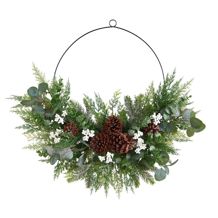 Hivvago 28" Christmas Pine, Eucalyptus, and Berries Metal Circlet Artificial Wreath