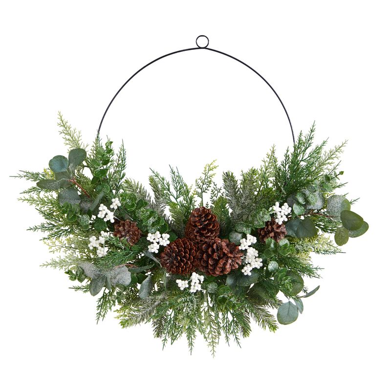 Hivvago 28" Christmas Pine, Eucalyptus, and Berries Metal Circlet Artificial Wreath