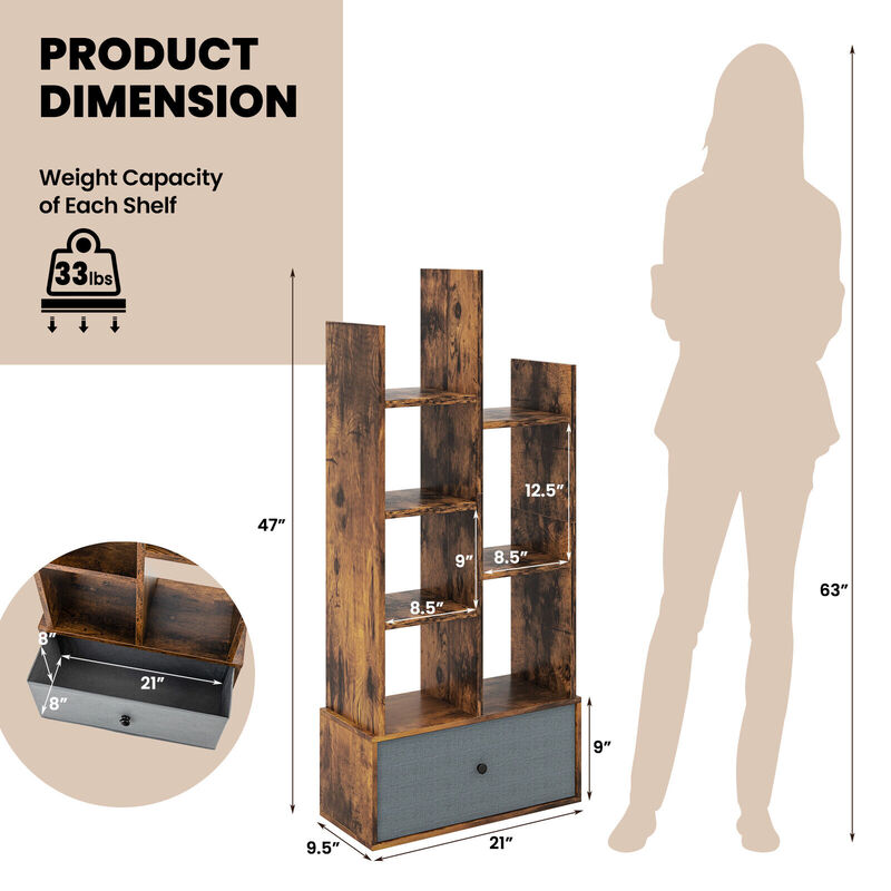 7-Tier Open-Back Bookshelf with Drawer-Rustic Brown image number 5