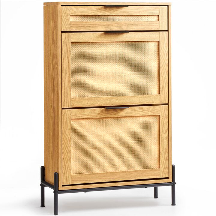 Slim Rattan Shoe Cabinet with 2 Flip Drawers and 1 Slide Drawer for Entryway