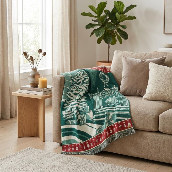 HomeRoots Ultra Soft Green Christmas Scene Handmade Queen Size Throw Blanket