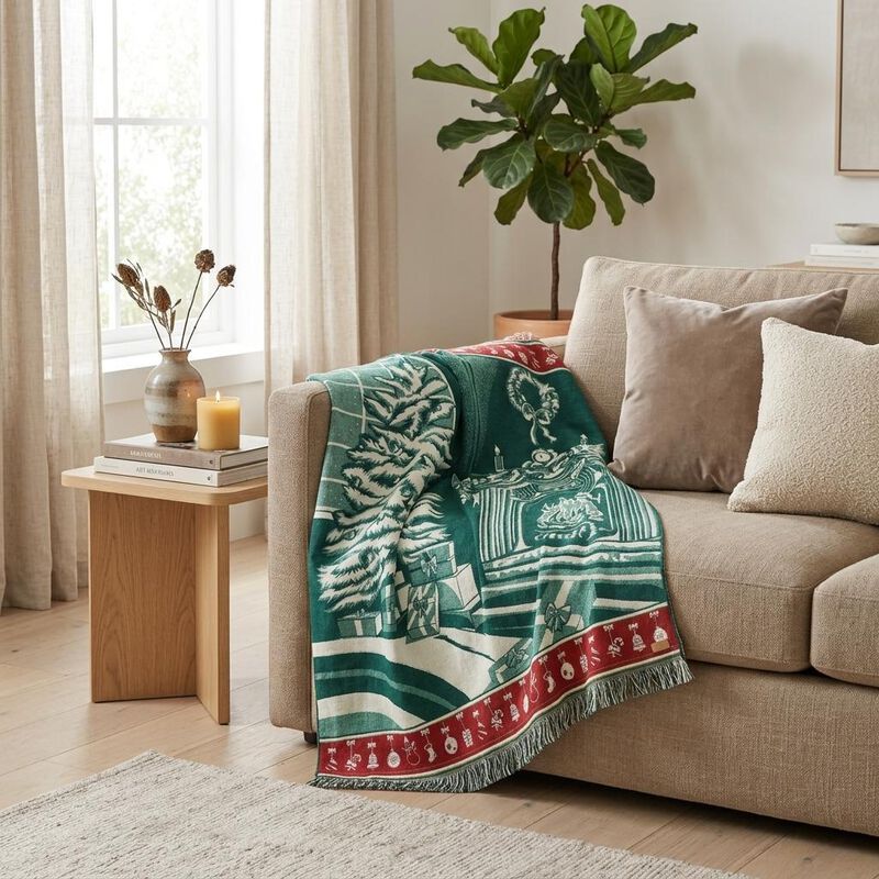HomeRoots Ultra Soft Green Christmas Scene Handmade Queen Size Throw Blanket image number 1