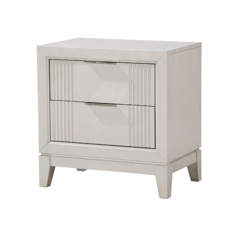 Flo Nightstand, 2 Drawers, Antique White Wood, Chrome Edge Handles - Benzara