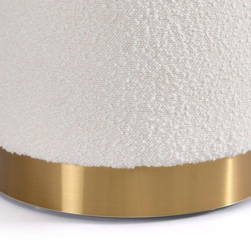 Glamour Home White Boucle Fabric Round Footstool Ottoman Golden Accent Base Medium Size