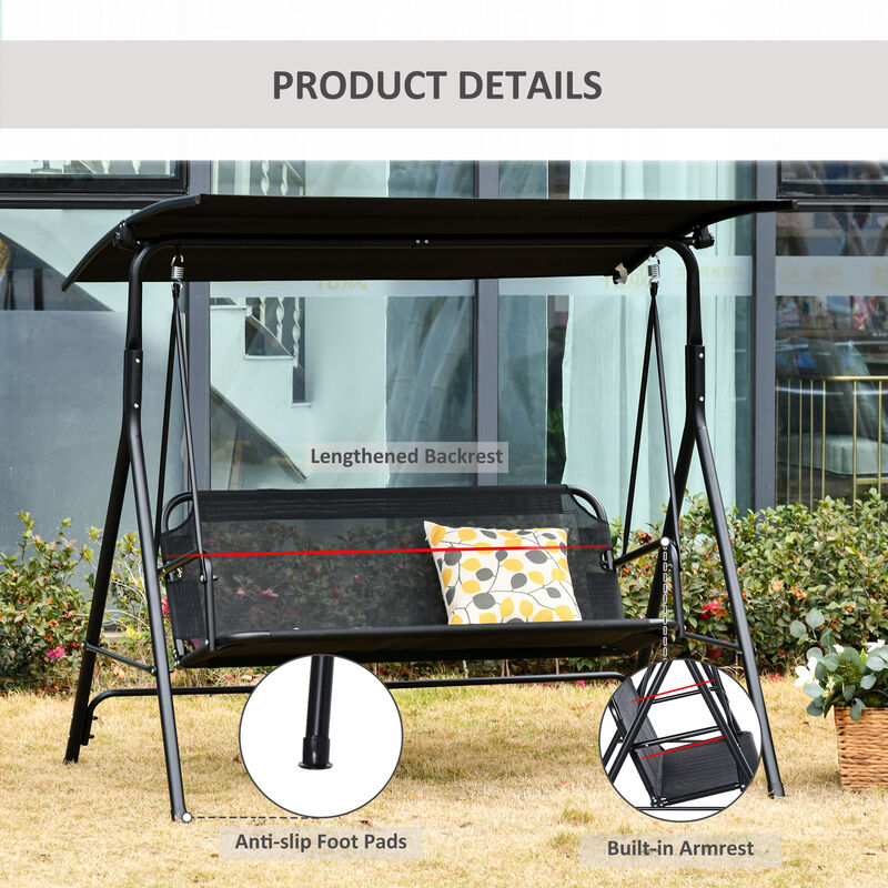 Outsunny Patio Swing Chair with Canopy, Seats 2 Adults Loveseat Bench with Adjustable Tilt Canopy, Armrests, A-Frame Steel, Breathable Mesh for Backyard, Garden, Black