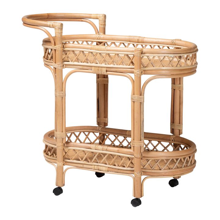 bali & pari Raul Natural Rattan Kitchen Cart - 2-Tier Handwoven Wicker Storage Trolley with Handle for Kitchen or Lounge
