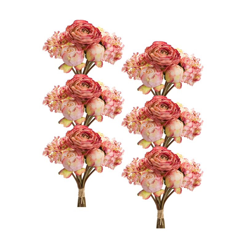 Vibrant Coral Peony and Hydrangea Artificial Flower Bouquet for Home Décor (Set of 6)