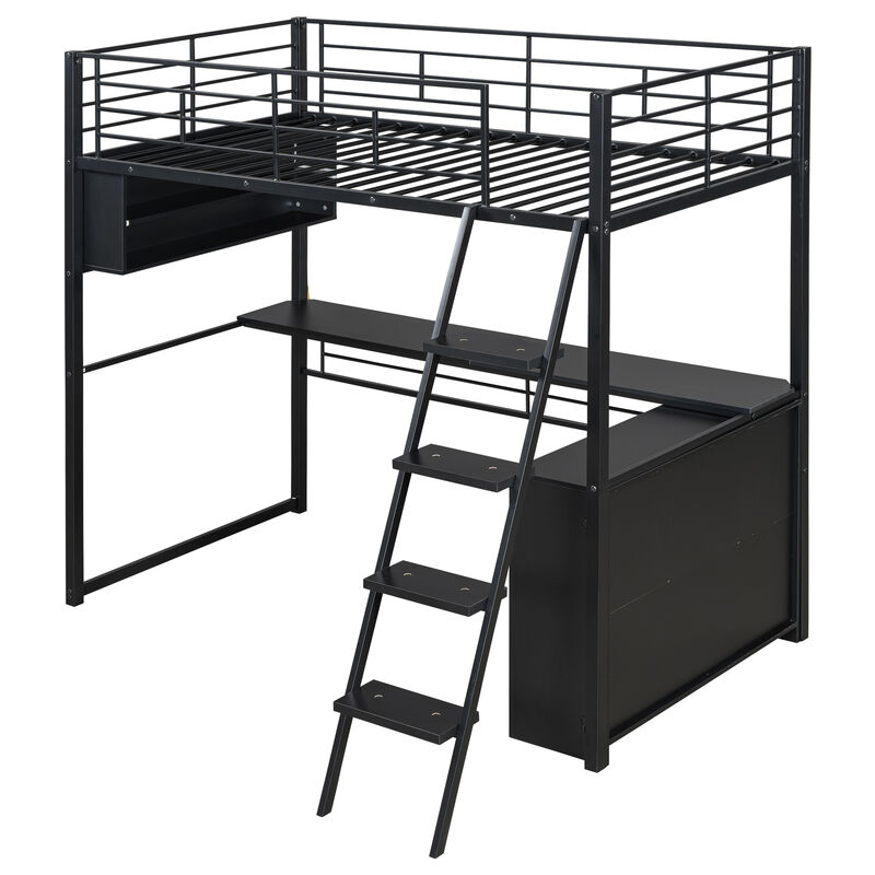 Merax Metal Loft Bed with LED, Desk and 4 Storage Shelves