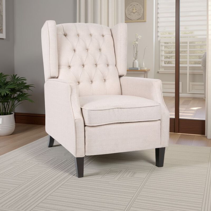 Pushback Recliner Chair, Strutted Legs, Beige Tufted Pleated Fabric - Benzara