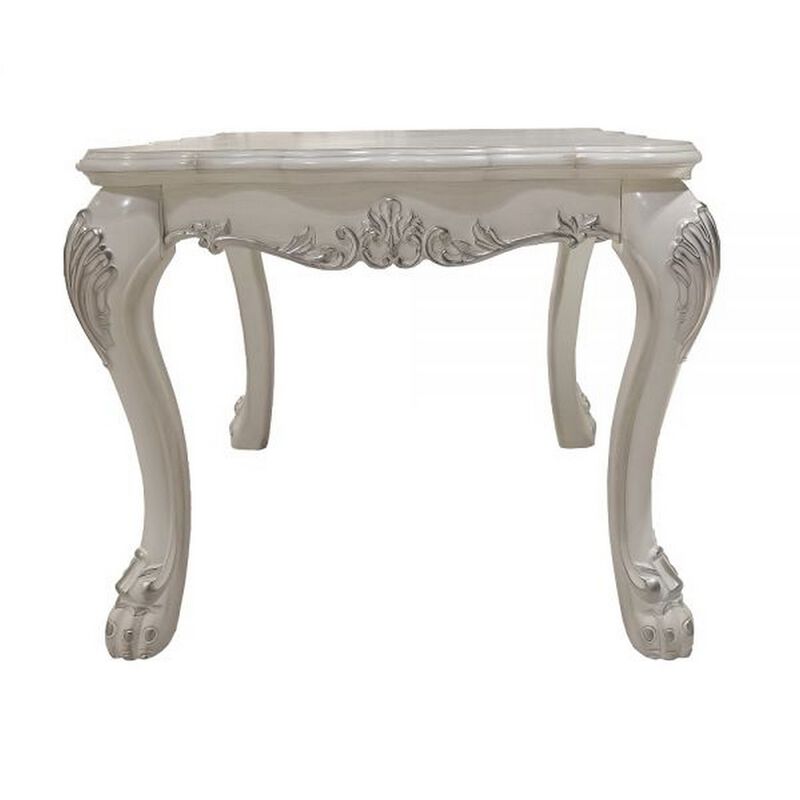 Ally 28 Inch Side End Table, Aspen Wood, Classic Scrollwork, Polyresin