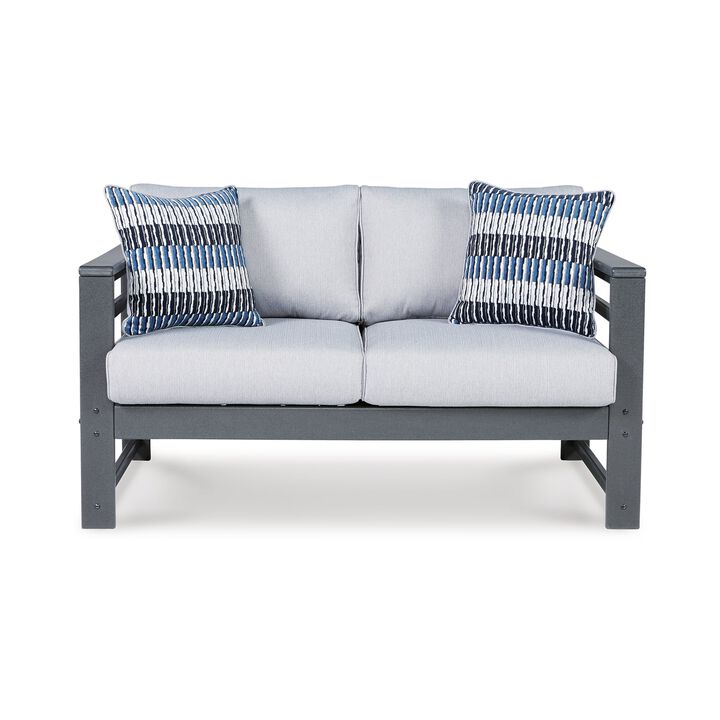 55 Inch Outdoor Loveseat, Gray Frame, Cushioned Seat, 2 Throw Pillows - Benzara