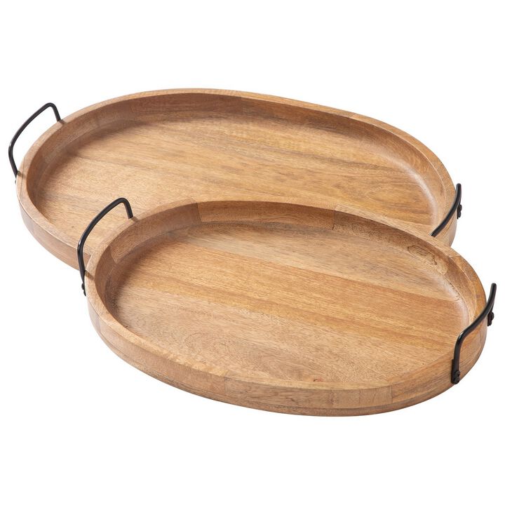 Tray with Wooden Oval Shape and Sleek Handles, Set of 2, Brown - Benzara