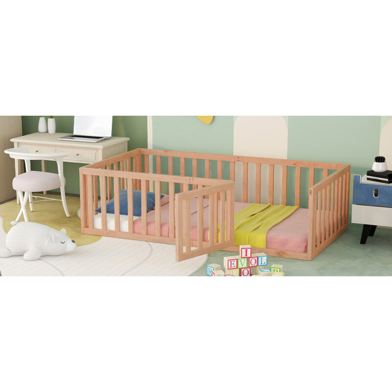 Streamdale Twin Size Wood Floor Bed Frame With Fence And Door